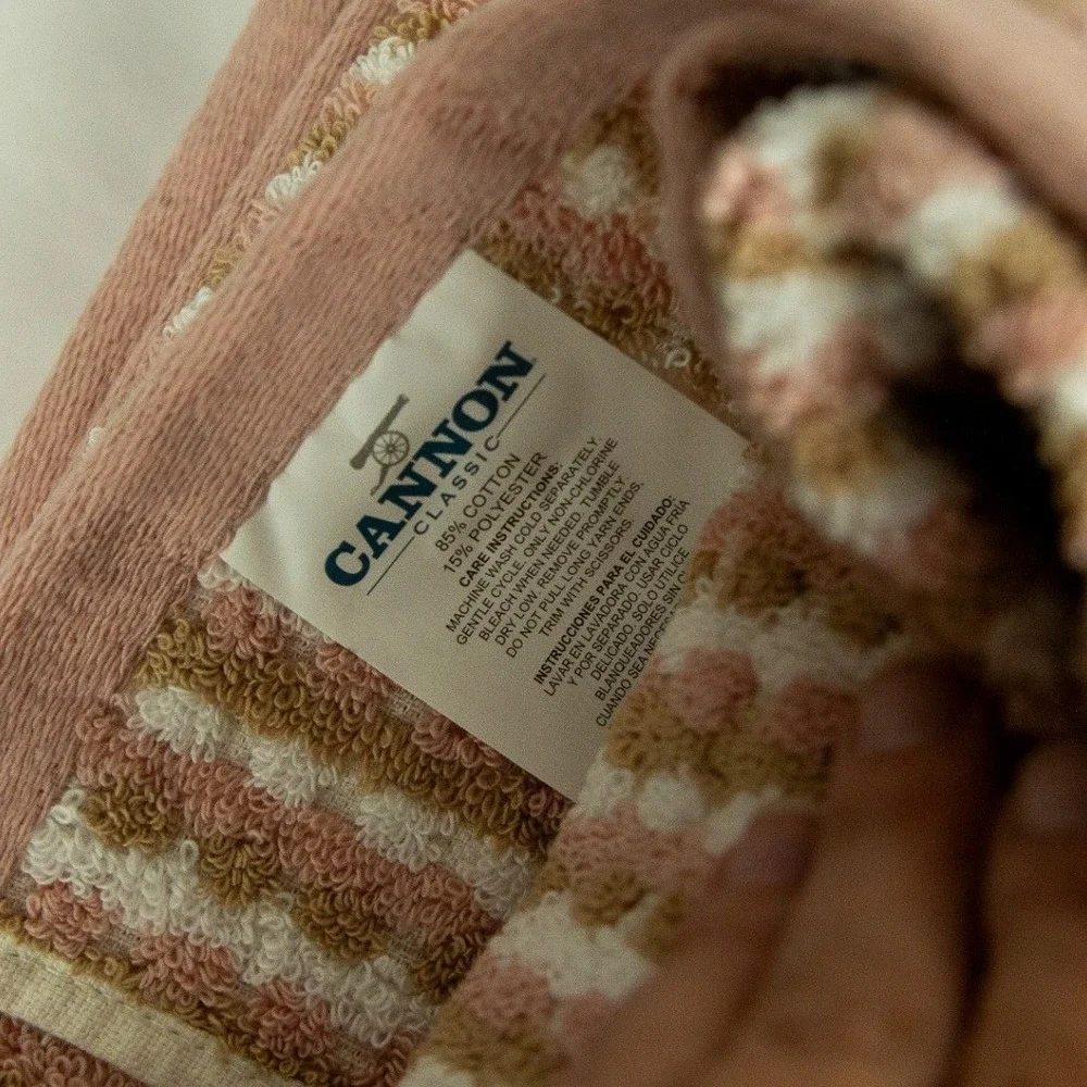 Cannon Classic Bath Towel Pink Tan White Striped Weave Cotton Blend Set of 2